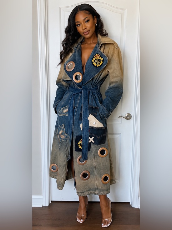Upcycled Jackets & Blazers - Upcycled Denim Trench Coat with Patchwork Grommet Blue and Distressed Tan size M